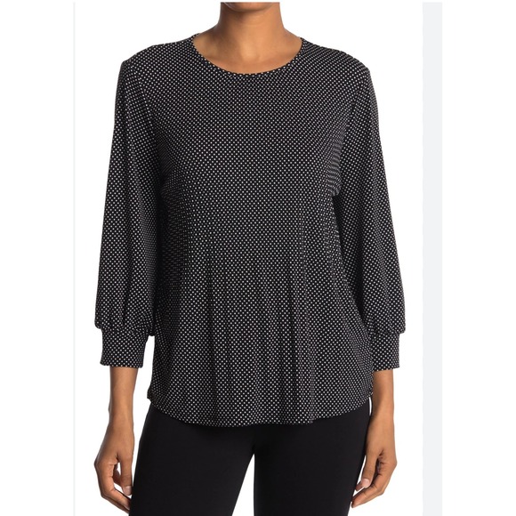 Adrianna Papell Boho Polka Dot Blouse 3/4 Sleeve‎ Career Top Black Size Large - Picture 1 of 6